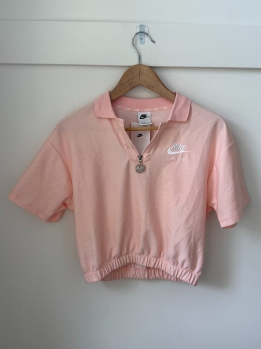 NIKE Air NSW Pique Cropped Polo Shirt Pale Pink Half Zip NWT
